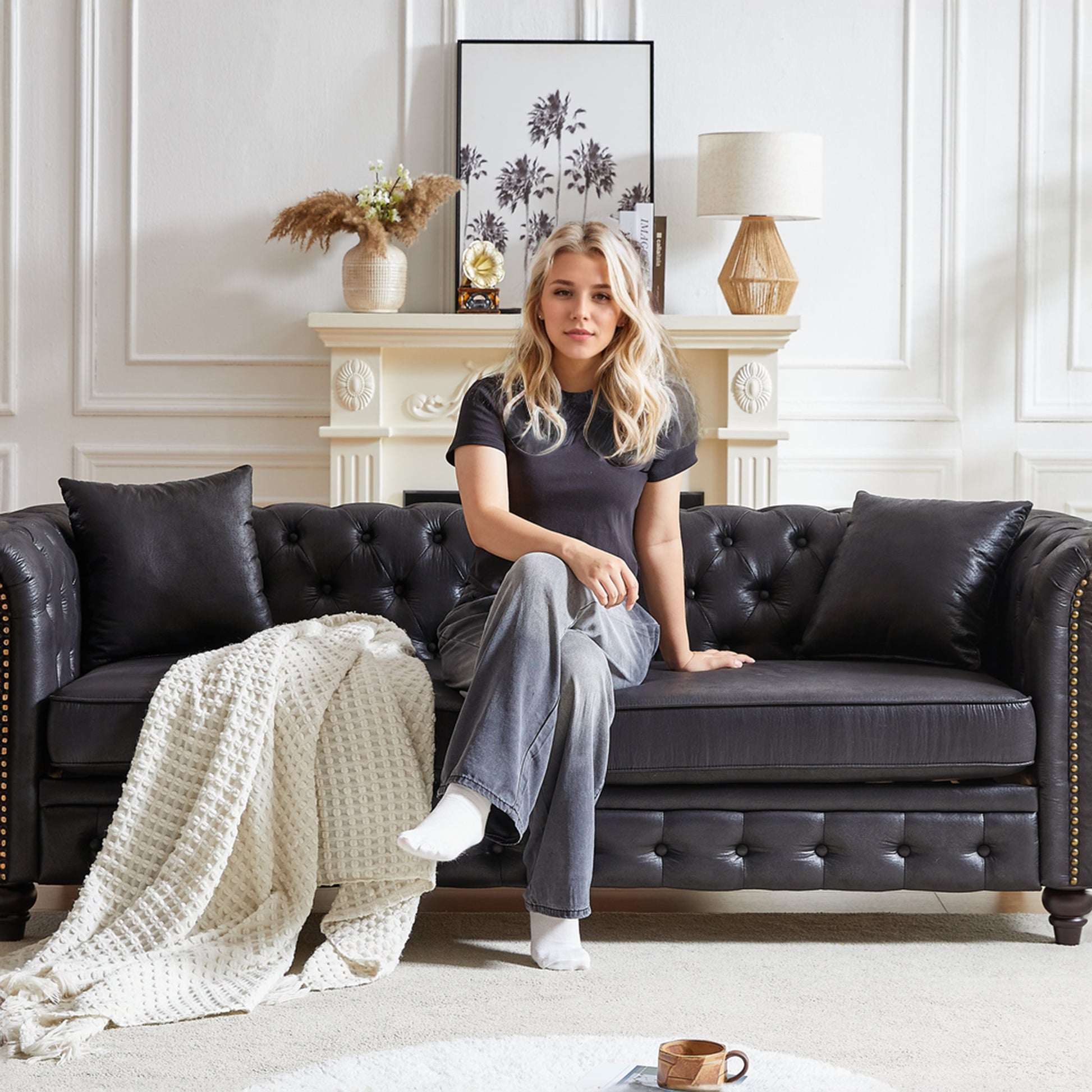 Fx 85.5"Living Room With Tech Fabric Chesterfield Sofa With Rolled Arms 3 Seater Sofa With Button Design And 2 Cushions For Apartment, Office, Living Room Black Wood Primary Living Space Pine Foam Fabric 3 Seat