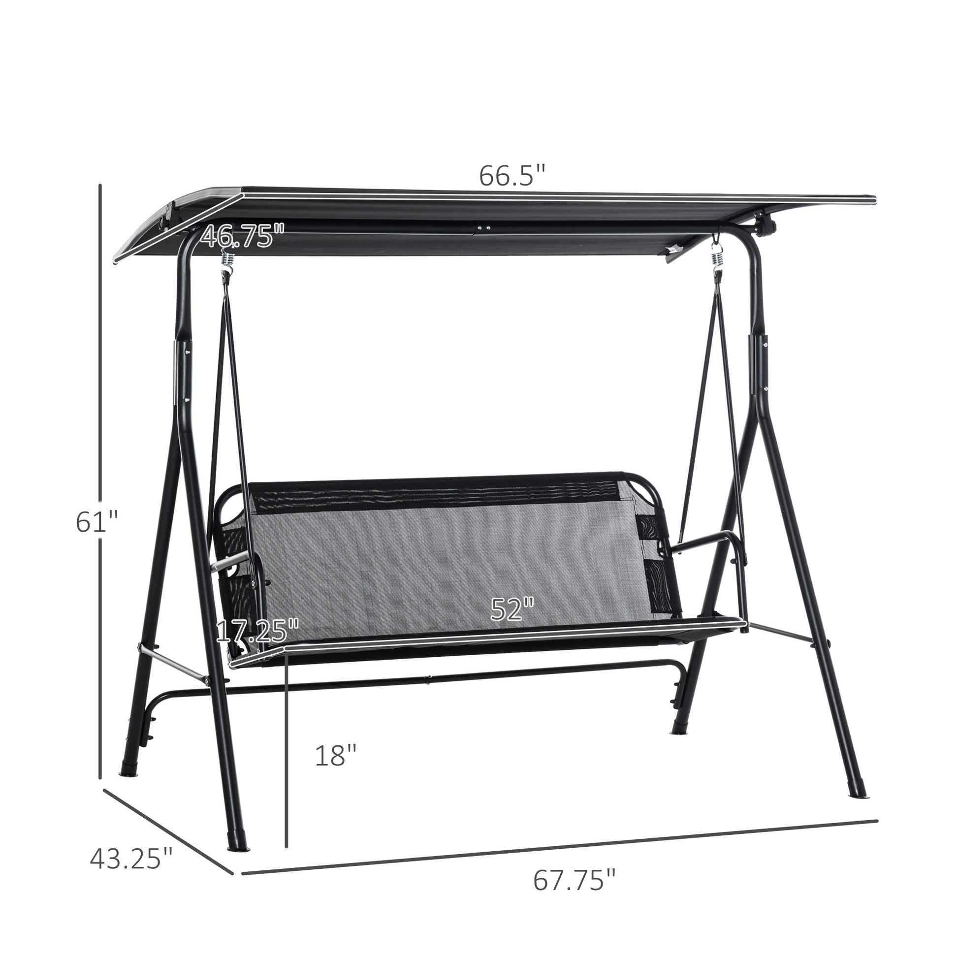 Outsunny Patio Swing Chair With Canopy, Seats 2 Adults Loveseat Bench With Adjustable Tilt Canopy, Armrests, A Frame Steel,Mesh For Backyard, Garden, Black Black Metal