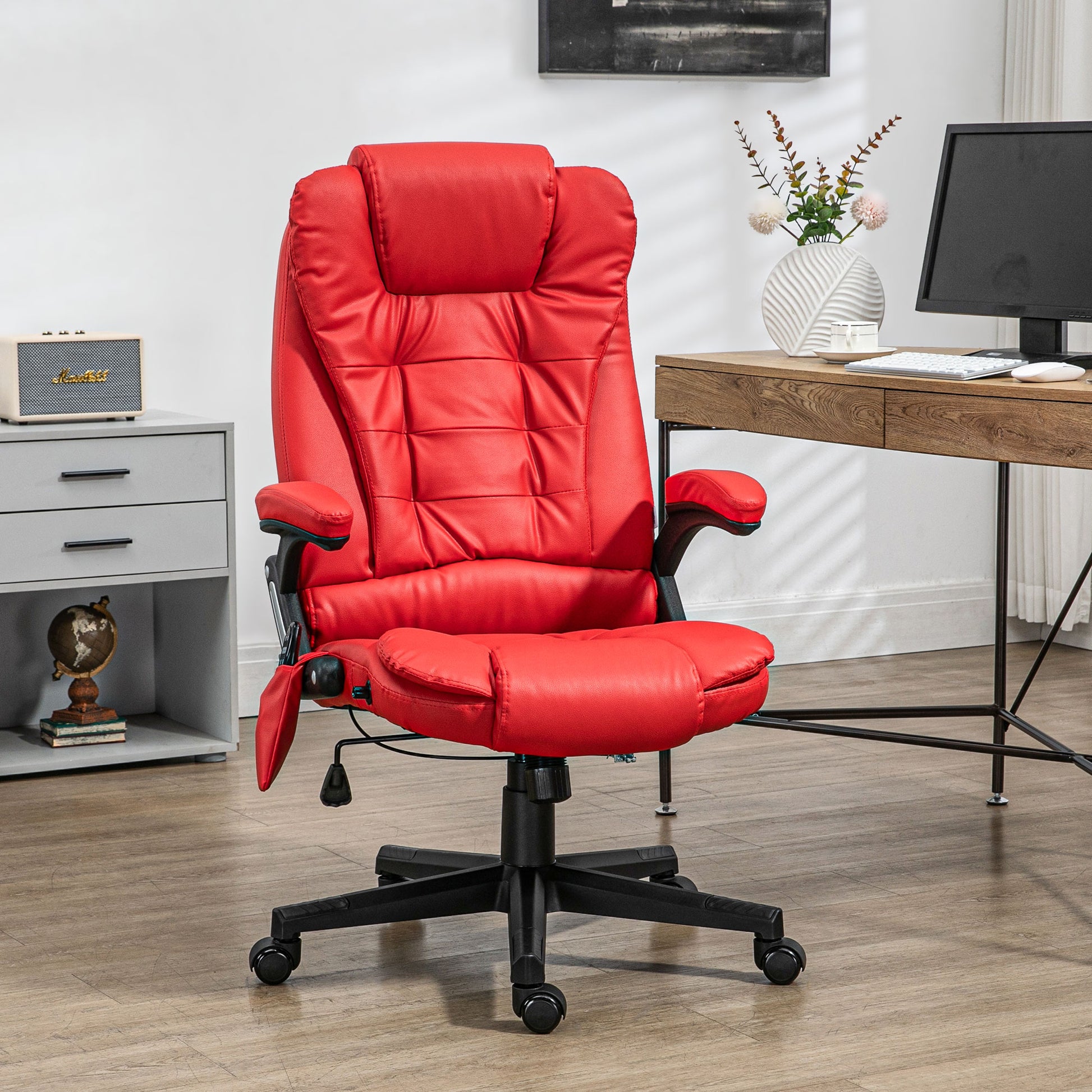 Homcom High Back Vibration Massage Office Chair With 6 Vibration Points, Heated Reclining Pu Leather Computer Chair With Armrest And Remote, Red Red Pu