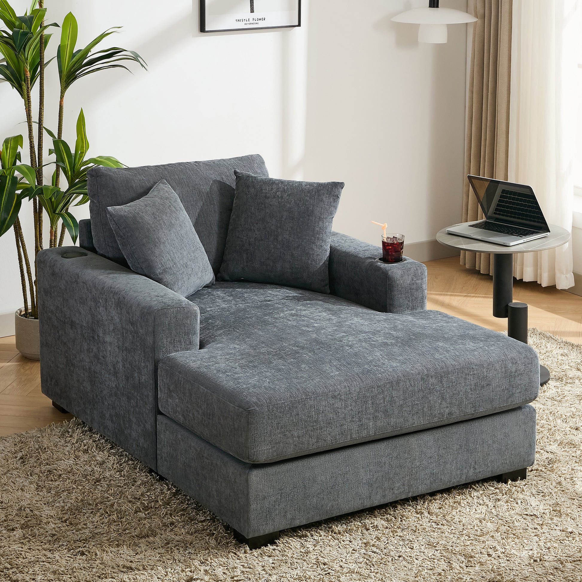 43.5" Oversized Chaise Lounger Modern Style Sofa Couch ,With Pillows, Charge Station & Cup Holders, Chenille Fabric, Blue Gray Blue Gray Chenille