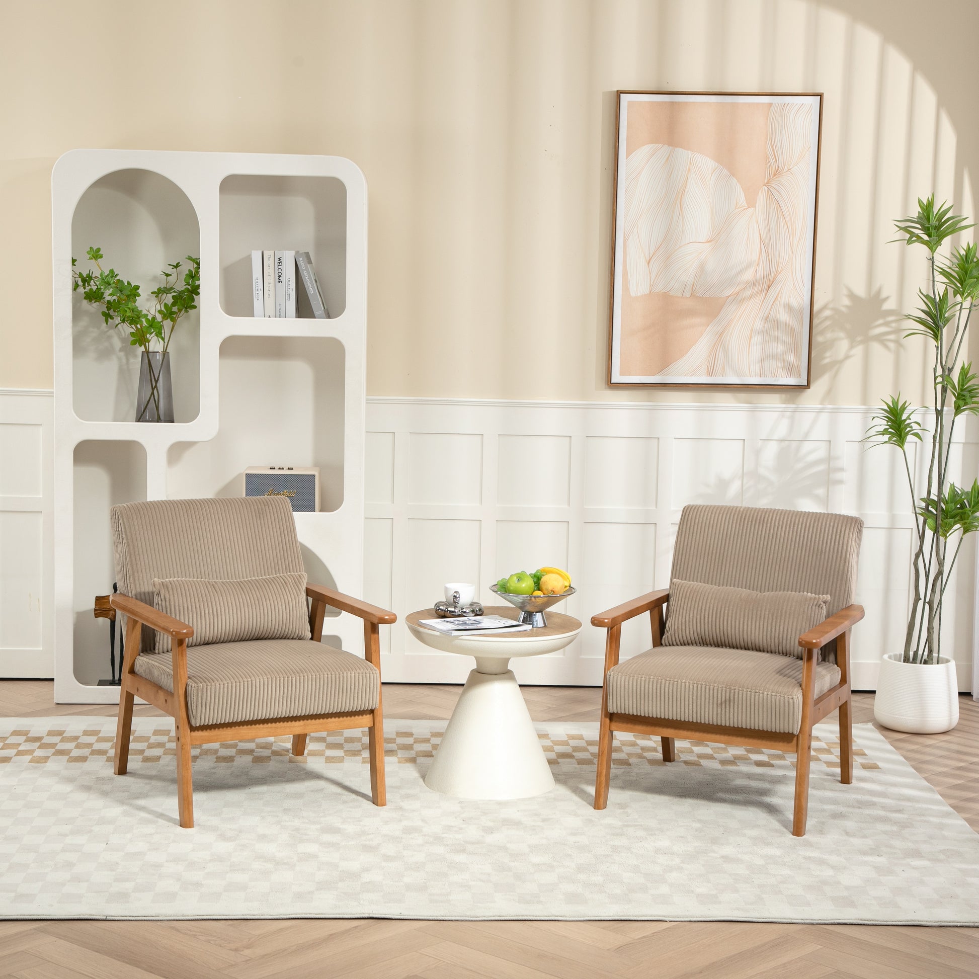 Leisure Chair With Solid Wood Armrest And Feet, Leisure Chair, Wood Frame, Velvet, Solid Rubber Wood Legs, Mid Century Modern Accent Chair, For Living Room Bedroom Studio Chair,Two Packs Camel Corduroy