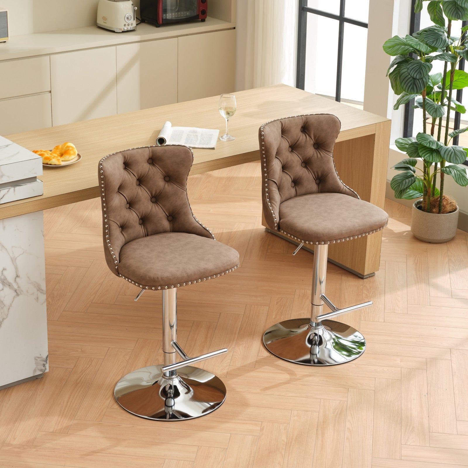 Swivel Pu Leather Barstools Adjusatble Seat Height From 25 33 Inch, Chrome Base Bar Stools With Backs Comfortable Tufted For Home Pub And Kitchen Island, Beige,Set Of 2,1512Br Brown Dining Room American Design Bar Stools Wing Back Set Of 2 Foam Pu