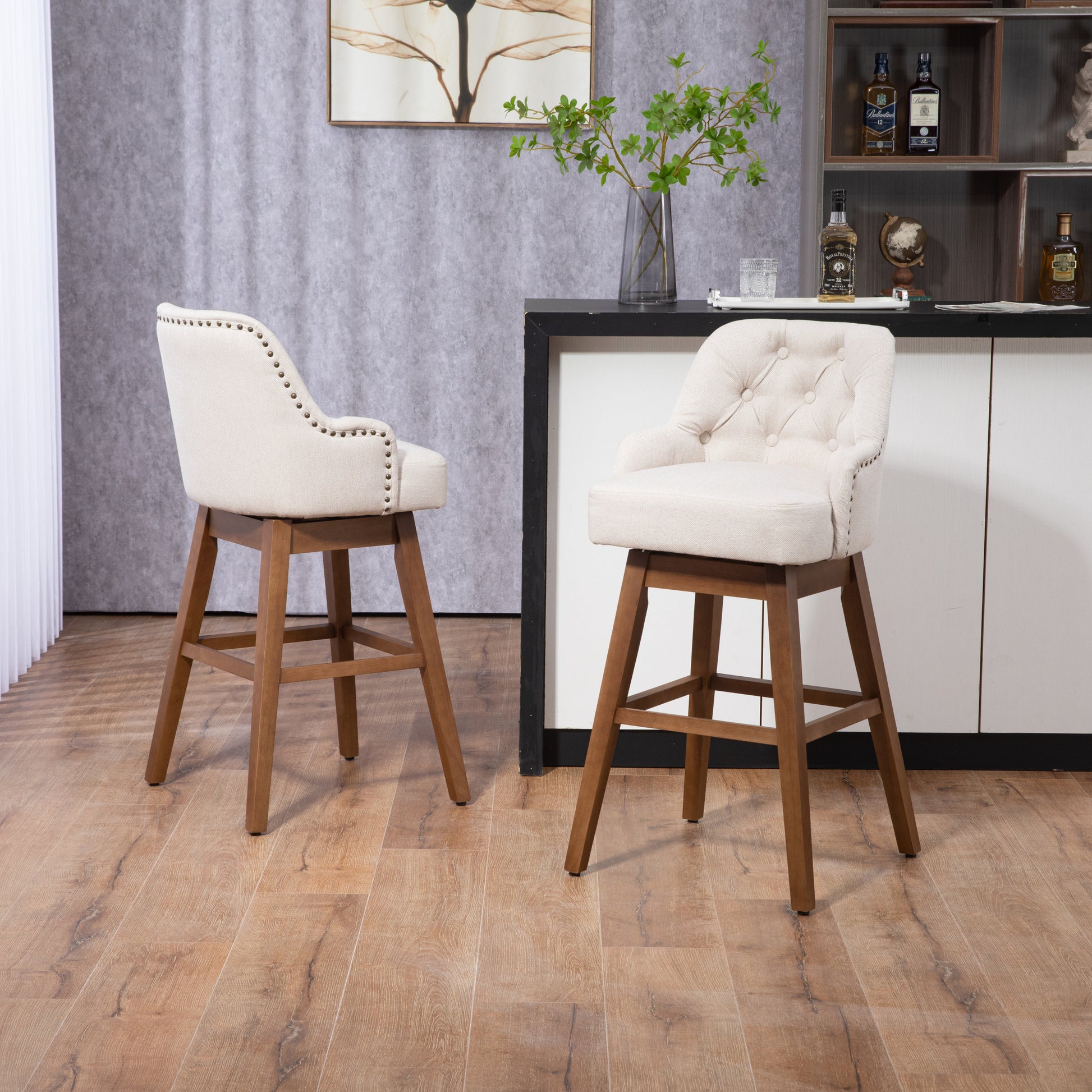 Coolmore Bar Stools Set Of 2 Counter Height Chairs With Footrest For Kitchen, Dining Room And 360 Degree Solid Wood Legs Swivel Bar Stools Set Of 2 Beige Linen Beige Foam Linen