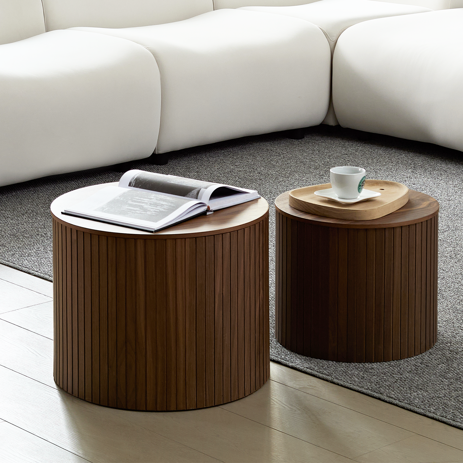 Mdf Nested Table Set 2 Pieces, Handcrafted Round Coffee Table In Living Lounge Area, Walnut Color Walnut Round Round Mdf