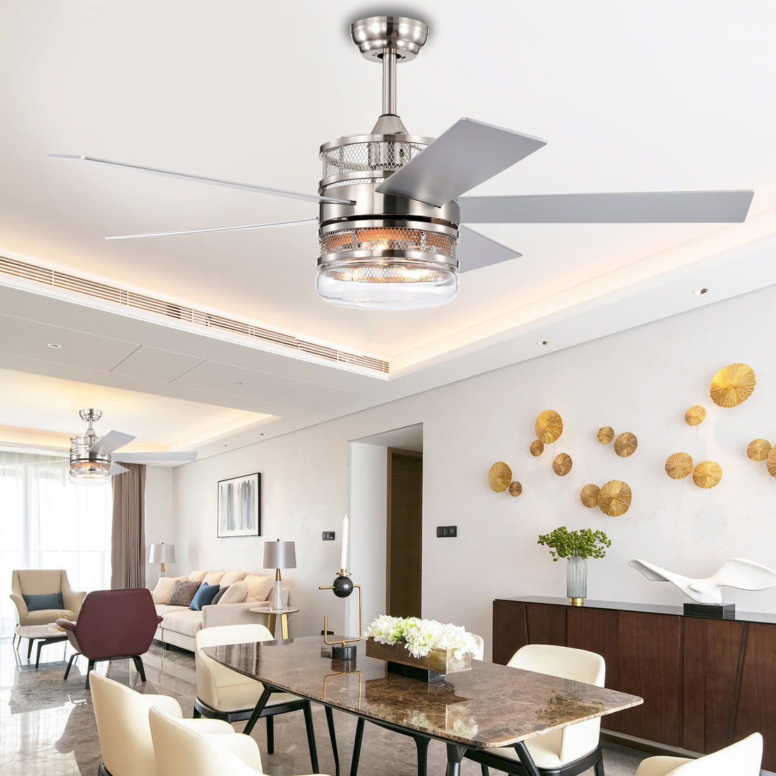 52 Inch 5 Blade Plywood Blades Ceiling Fan ,Dual Lamp Shade Ceiling Fan With Remote Control Optional Remote Satin Nickel Nickel American Design,American Traditional,Classic,Contemporary,Farmhouse Plywood Metal