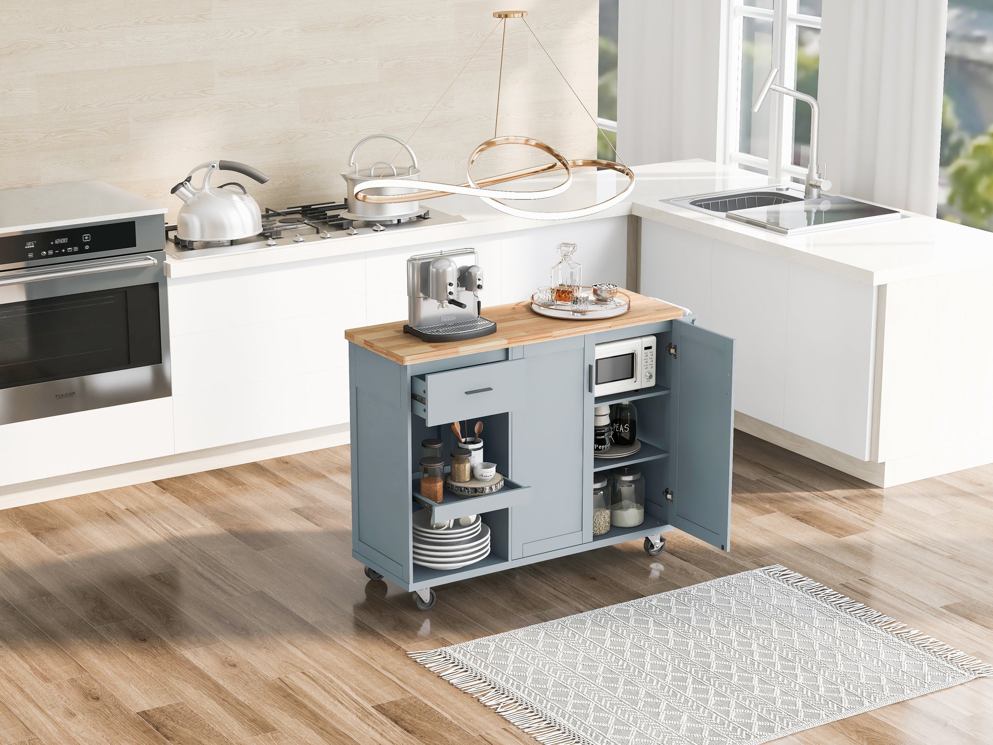 K&K Kitchen Island With Foldable Counter Top, Kitchen Storage Cart With Slide Out Shelf, Towel Rack And Drawer, Rolling Kitchen Cart On Wheels, For Kitchen, Living Room, Dining Room, Grey Blue Grey Blue Brown Kitchen Classic,Farmhouse,Luxury,Modern