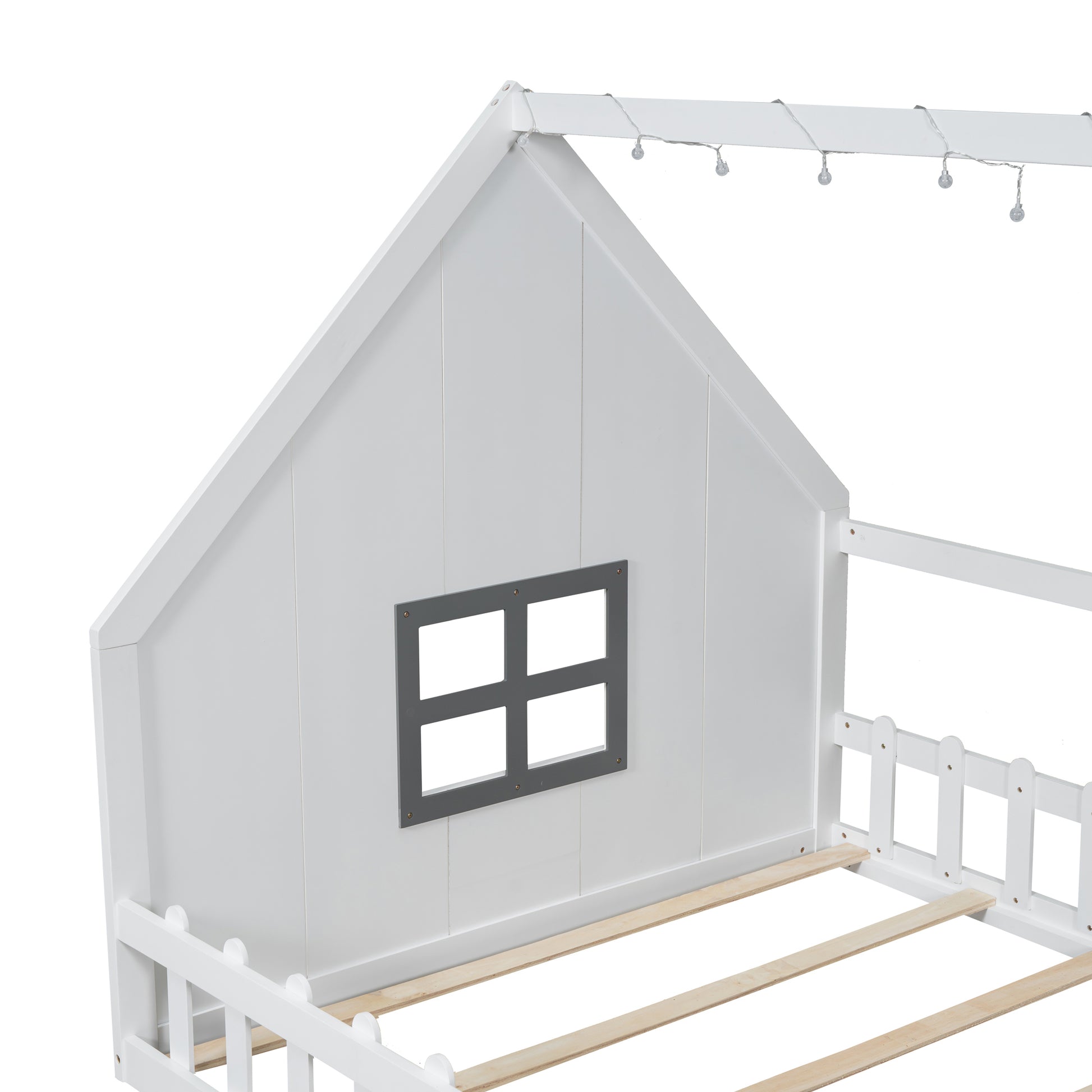 Full Size Wood House Bed With Window And Fence, White Old Sku: Wf304147Aak Box Spring Not Required Full White Wood Bedroom Pine Bed Frame Solid Wood Mdf