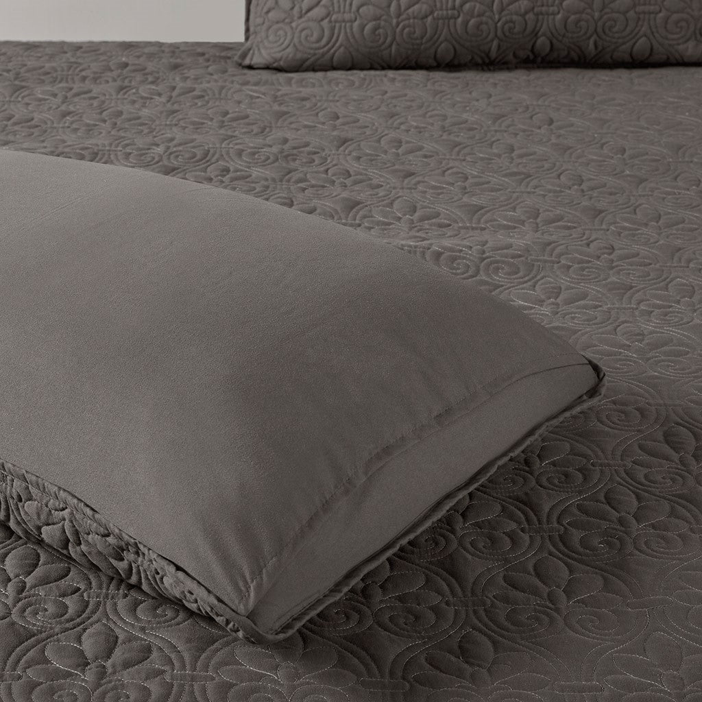 3 Piece Split Corner Pleated Quilted Bedspread Dark Grey Queen Dark Grey Polyester