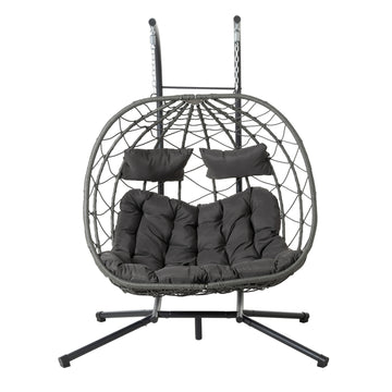 2 Persons Egg Chair With Stand Indoor Outdoor Swing Chair Patio Wicker Hanging Egg Chair Hanging Basket Chair With Stand For Bedroom Living Room Balcony Gray Steel