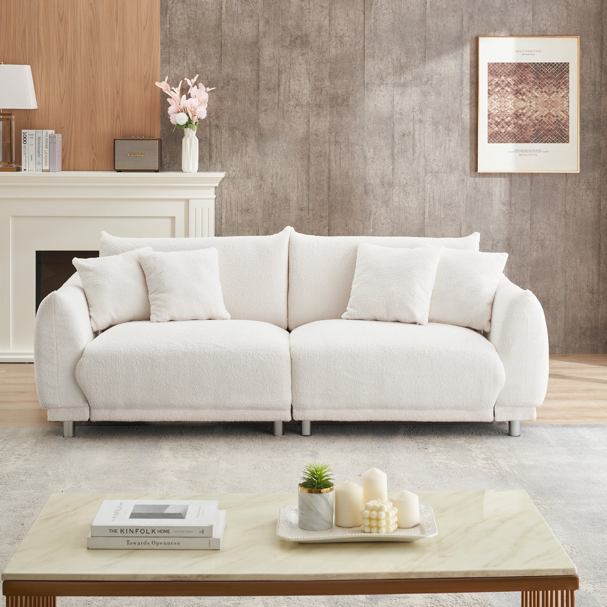 The 86.6 Inch Teddy Wool Beige Sofa With Four Throw Pillows And Hardware Feet Can Sit Comfortably In An Apartment Bedroom Without Taking Up Space Beige Fabric 2 Seat