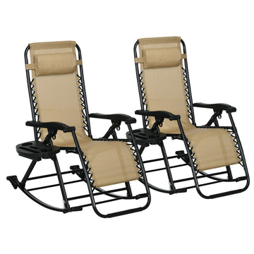 Outsunny 2 Pieces Outdoor Rocking Chairs, Foldable Reclining Zero Gravity Lounge Rocker With Pillow, Cup & Phone Holder, Combo Design With Folding Legs, Beige Beige Steel