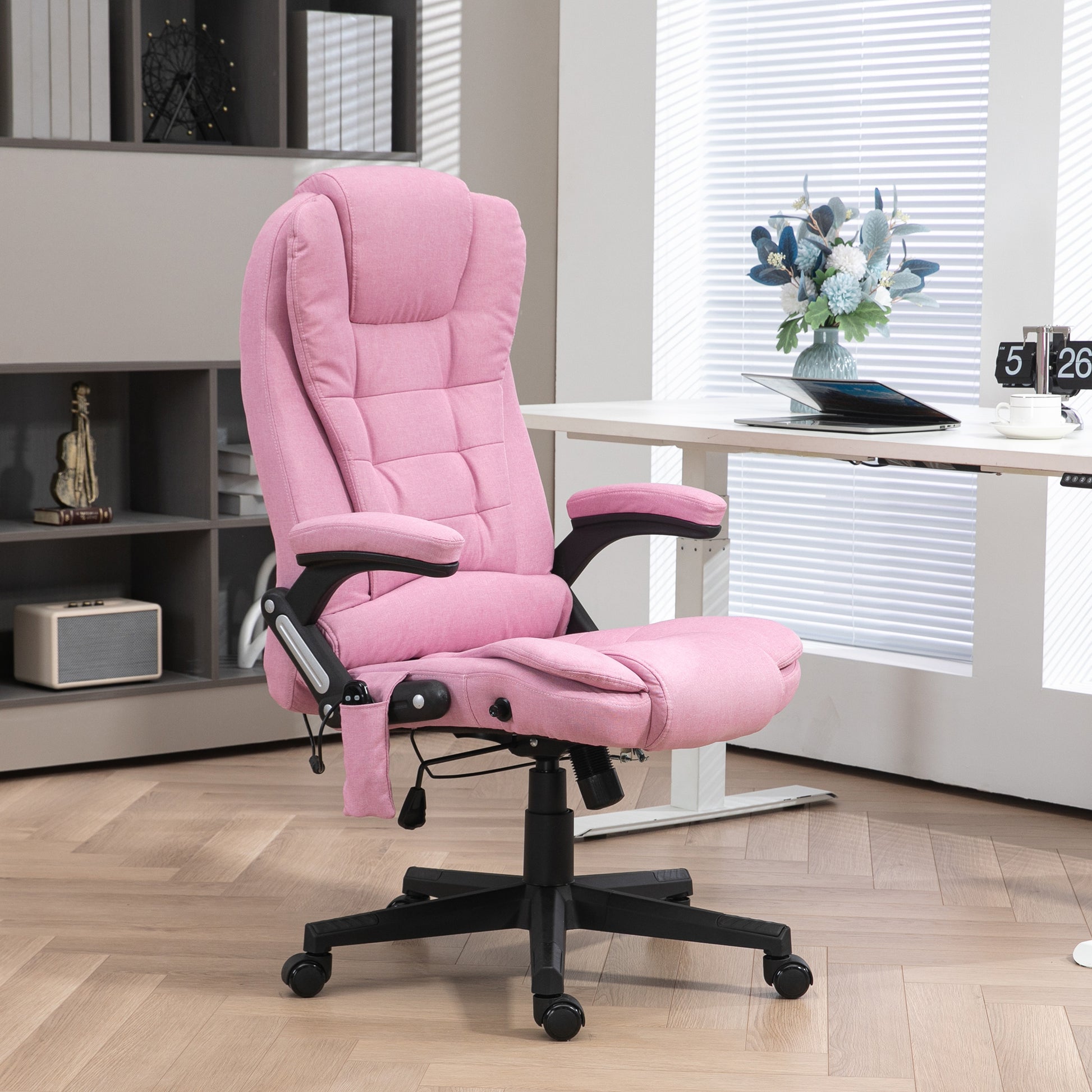 Homcom 6 Point Vibrating Massage Office Chair With Heat, Linen High Back Executive Office Chair With Reclining Backrest, Padded Armrests And Remote, Pink Pink Polyester