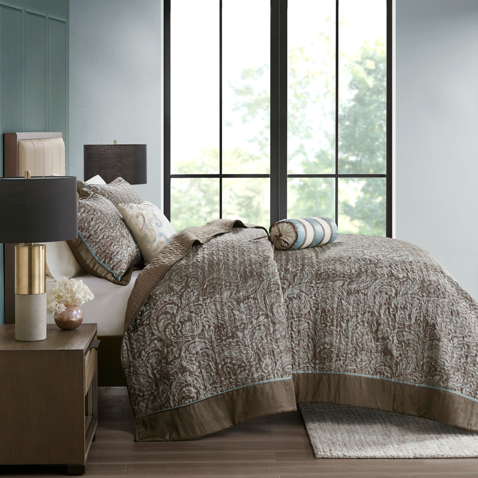 5 Piece Jacquard Bedspread Set With Throw Pillows Blue Brown Queen Queen Blue Brown Cotton