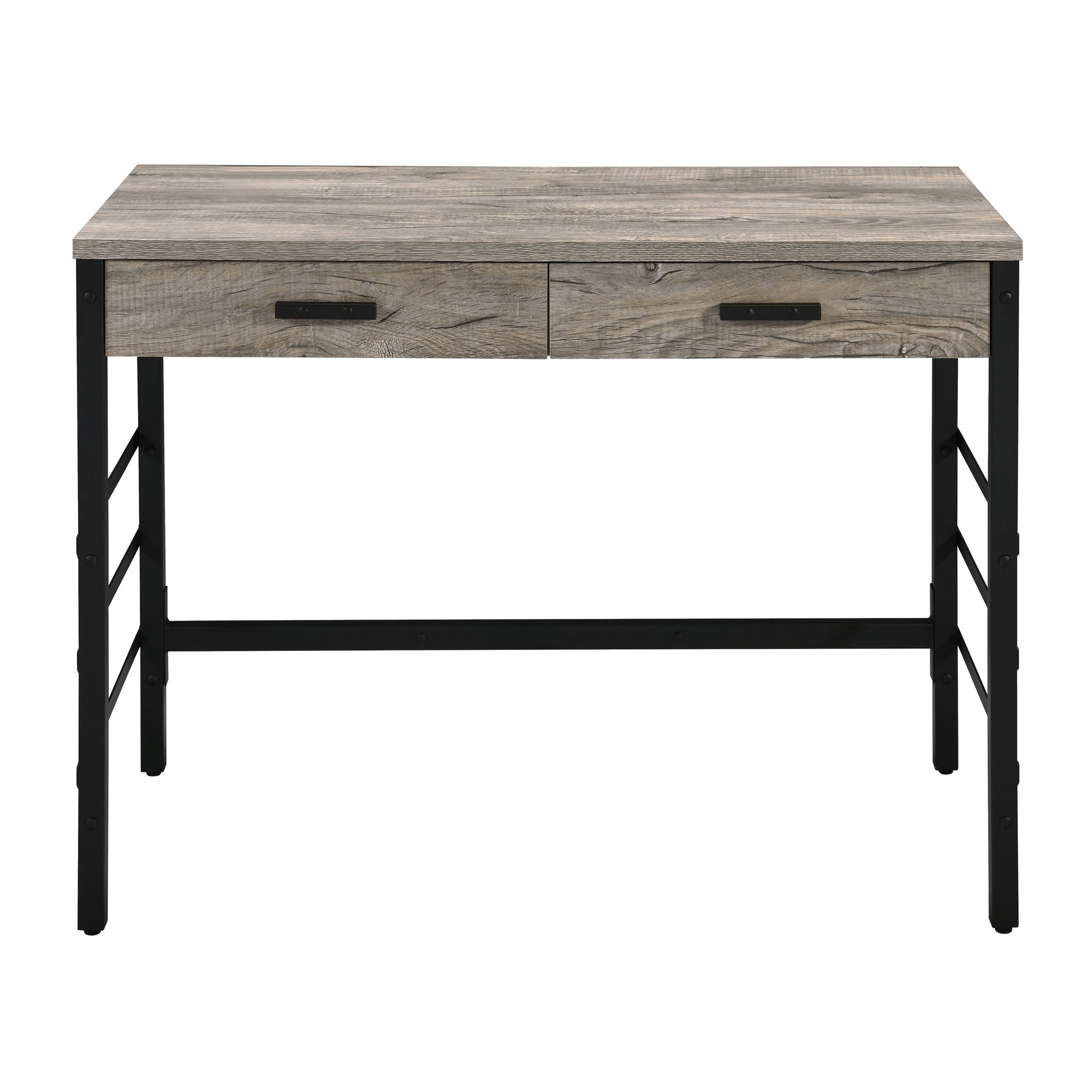 Light Weathered Oak And Black Writing Desk With 2 Drawers Black Brown Office Oak Wood Metal