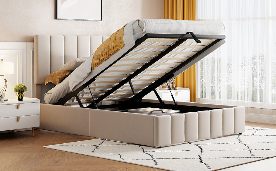 Full Size Upholstered Platform Bed With A Hydraulic Storage System Beige Old Sku: Lp000111Aaa Beige Upholstered
