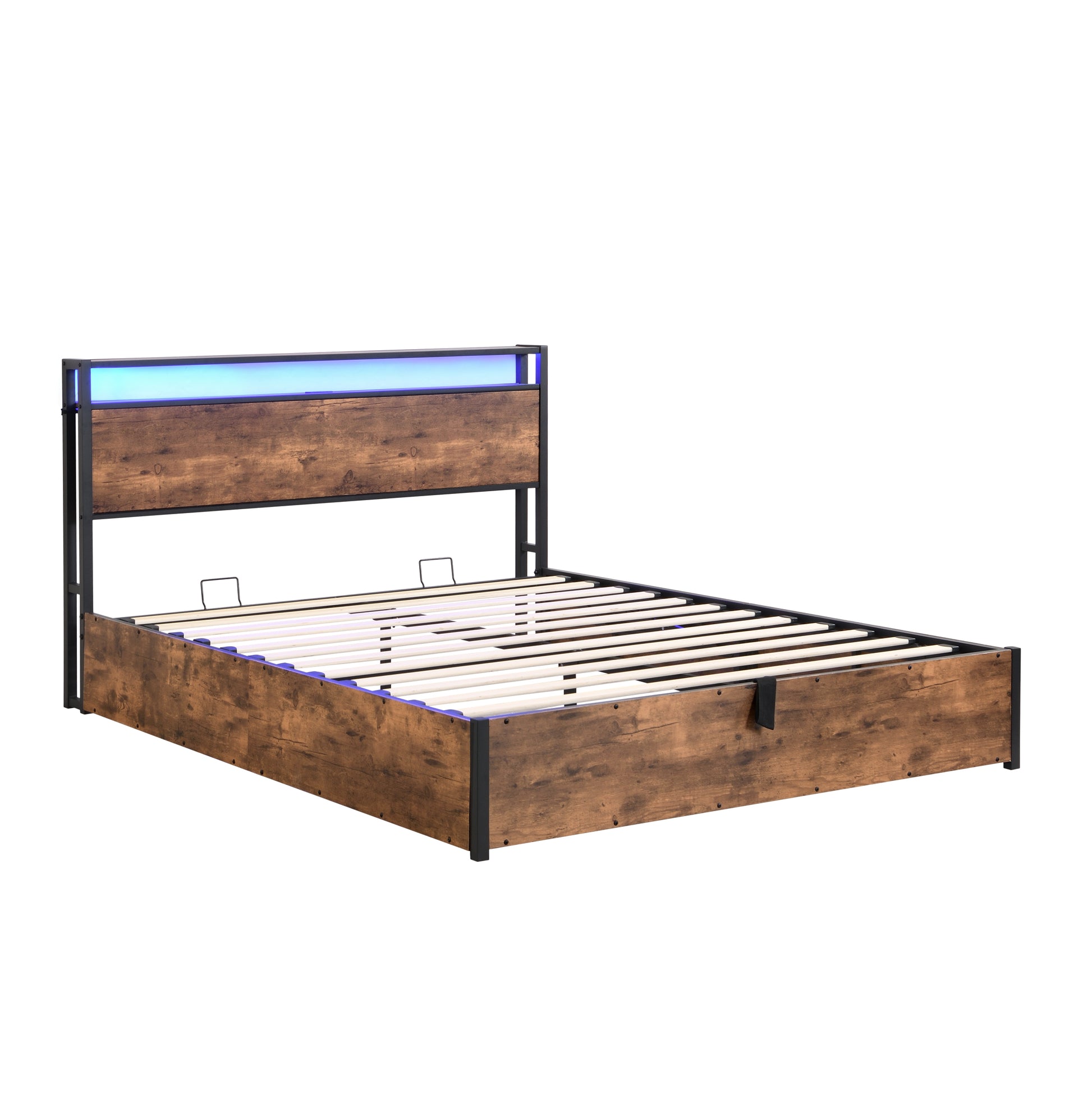 Lift Up Storage Bed Frame, Full Size Bed Frame With Bookcase Headboard & Led Lights, Wooden Platform Bed Frame With Charging Station, No Spring Box Needed, Rustic Brown Box Spring Not Required Full Rustic Brown Metal Brown Bedroom Industrial Bed Frame