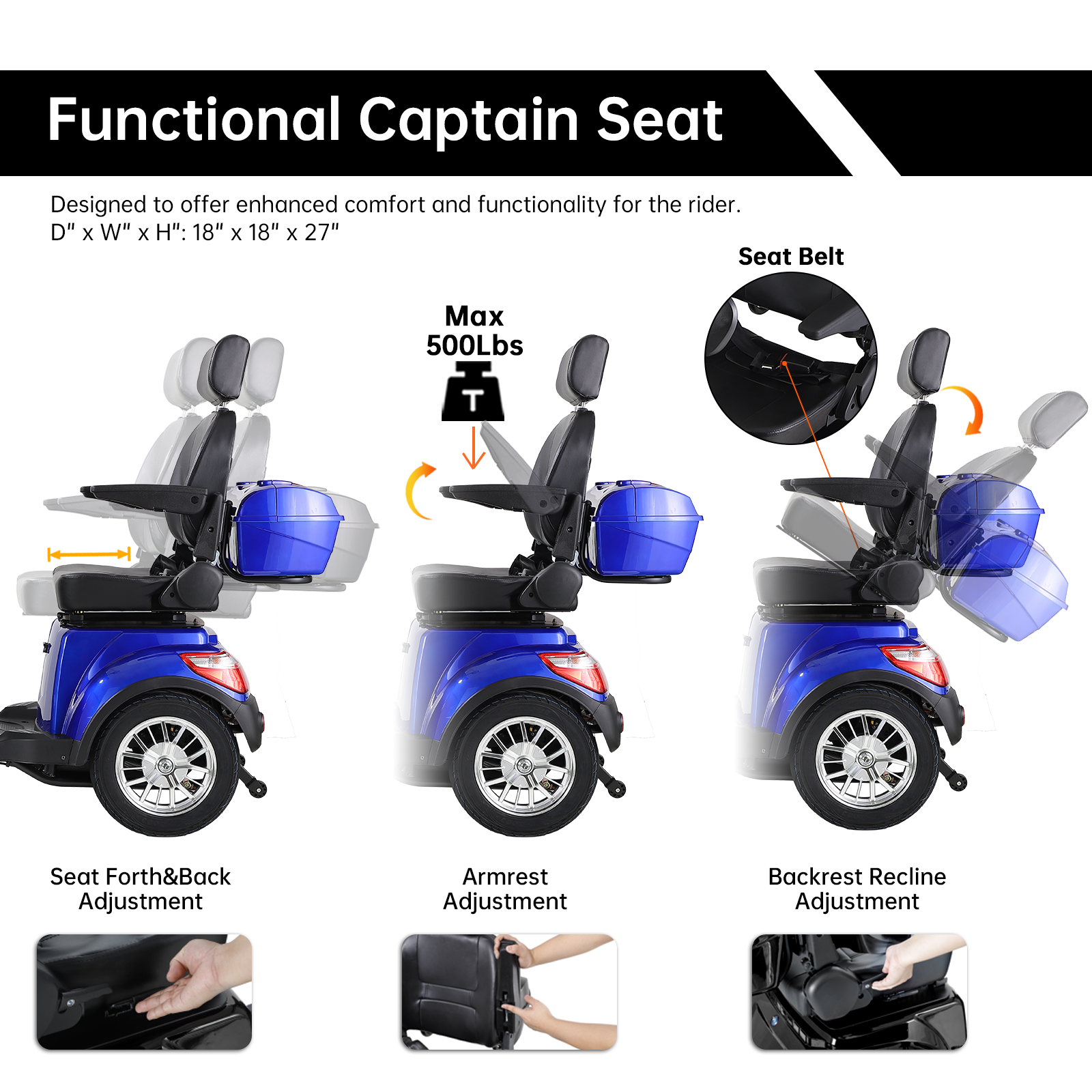 Xl3D4L Electric Mobility Recreational Travel Scooter For Adults,Mobility Scooters For Seniors, 4 Wheel Powered Mobility Scooters Blue Abs Pc Abs Pc