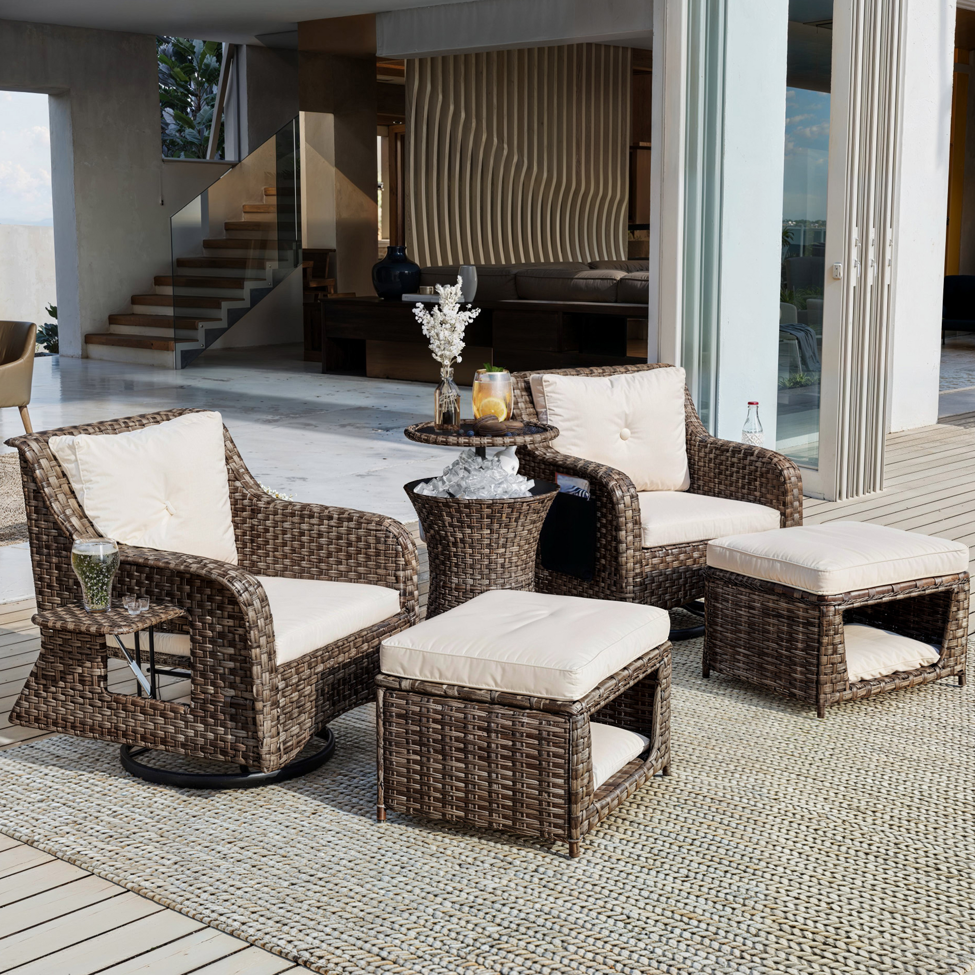 K&K 5 Pieces Outdoor Patio Furniture Set With Pet House Cool Bar And Retractable Side Tray, Rattan Wicker Patio Swivel Rocking Chairs Set Of 2 With Ottomans For Backyard, Porch, Balcony, Beige Yes Rocker & Glider Brown Beige Seats 2 Weather Resistant