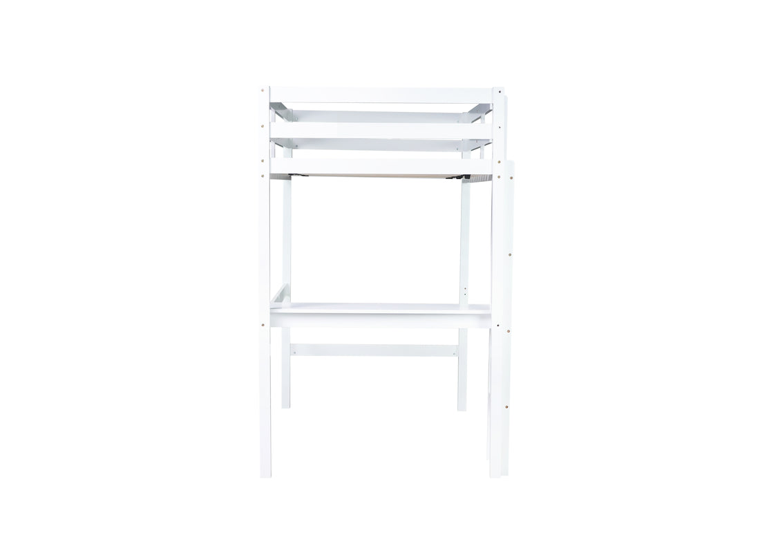 Twin High Loft Bed, Rubber Wood Loft Bed With Safety Guardrail, Built In Desk, Ladder,White Twin White Rubber Wood