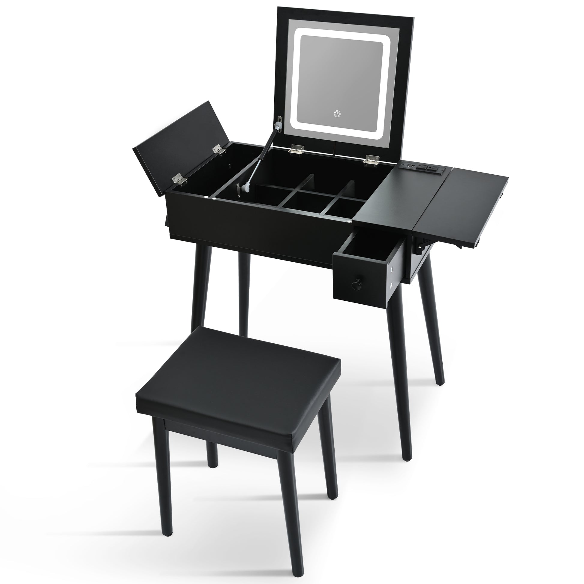27.9'' Black Makeup Vanity Desk With Flip Top Mirror And Led Light, Dressing Table With Charging Station, 2 Drawers And Fold Up Panel, Vanity Set With Cushioned Stool For Bedroom Black