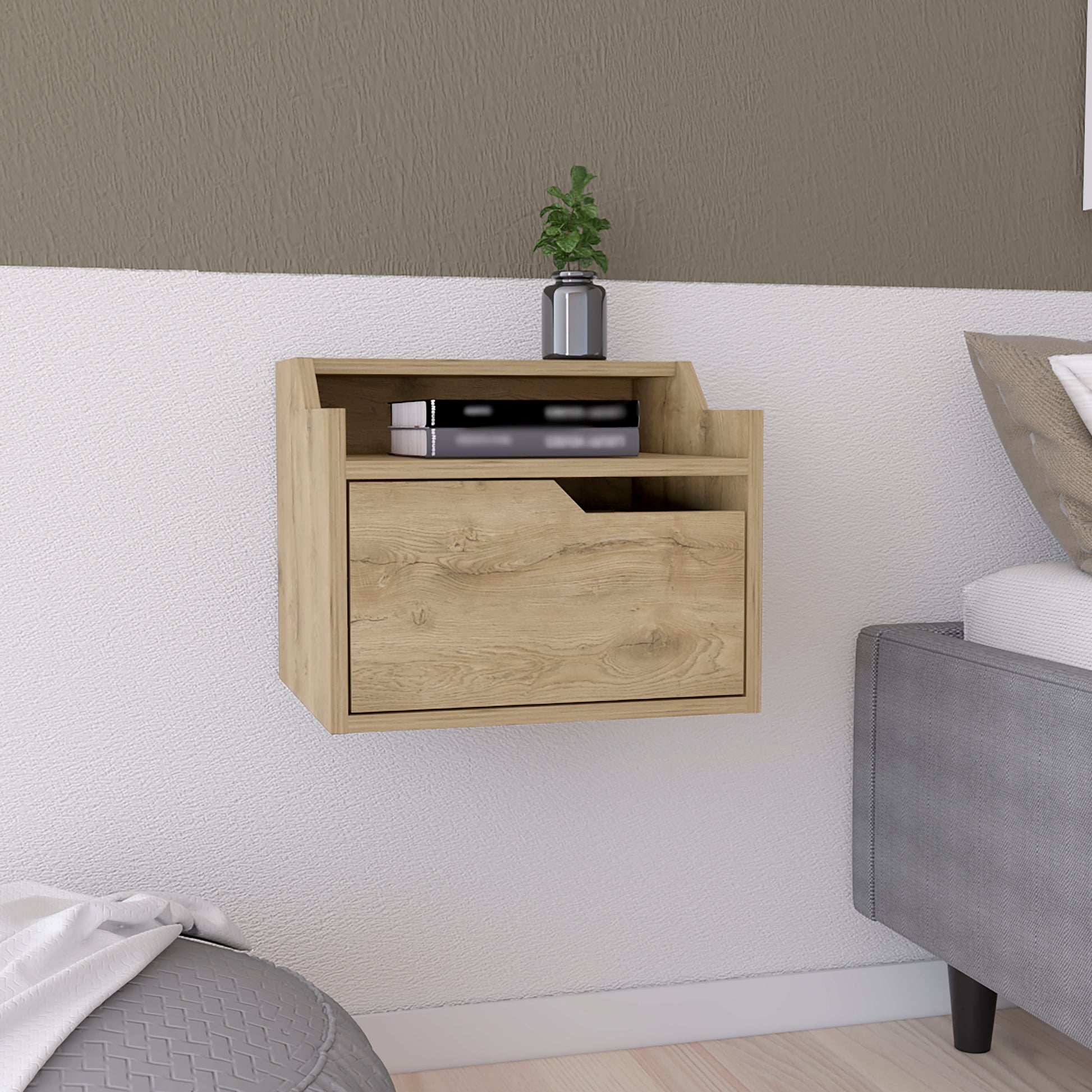 Winchester Floating Nightstand, Modern Dual Tier Design With Spacious Single Drawer Storage, Macadamia Brown Solid Wood Mdf Engineered Wood