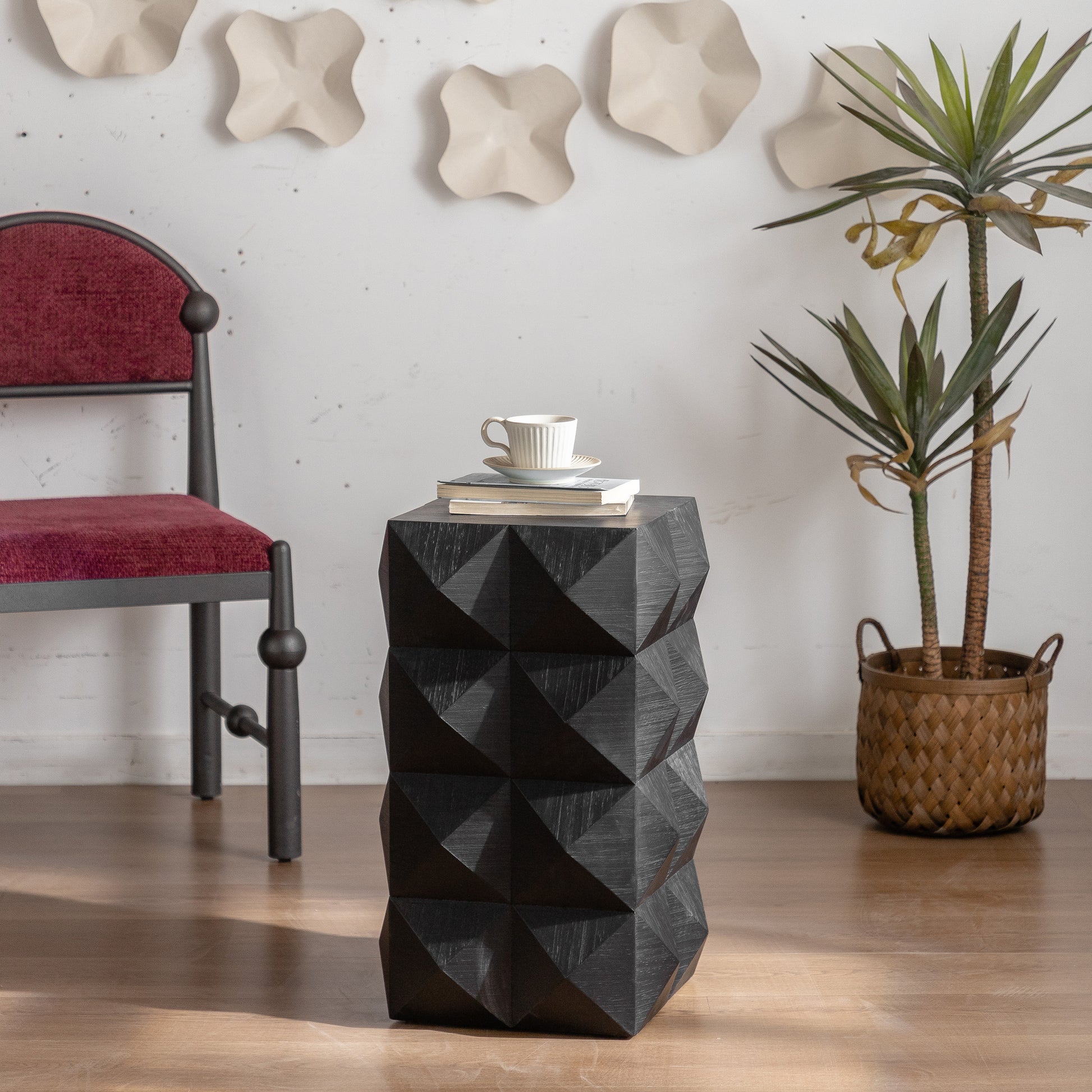 23.62"Height Three Dimensional Embossed Pattern Design Retro Side Table Retro Furniture Black Black Fir Mdf