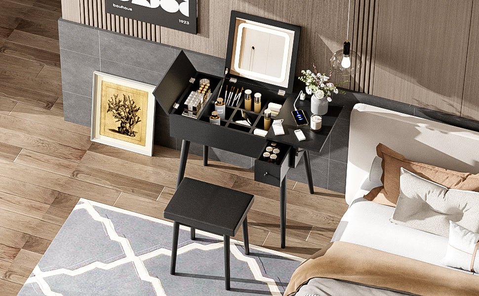 27.9'' Black Makeup Vanity Desk With Flip Top Mirror And Led Light, Dressing Table With Charging Station, 2 Drawers And Fold Up Panel, Vanity Set With Cushioned Stool For Bedroom Black