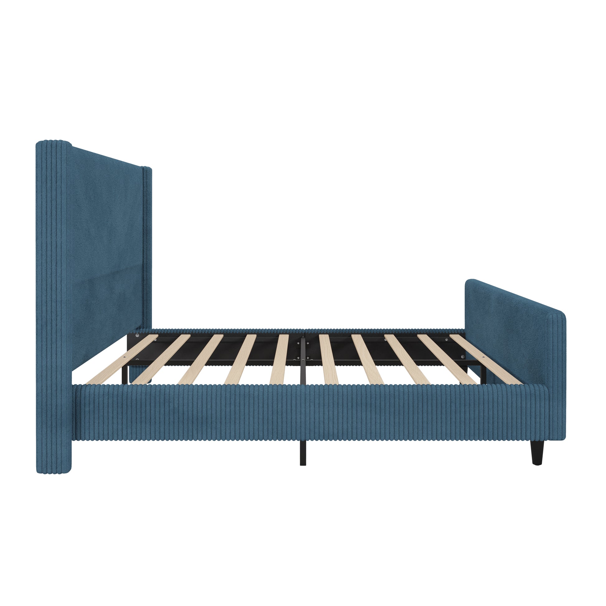 50.7'' High Headboard Corduroy Upholstered Bed Frame With Vertical Stripe Wingback And High Footboard No Box Spring Needed, Queen Size, Blue Box Spring Not Required Queen Blue Wood Bedroom Modern