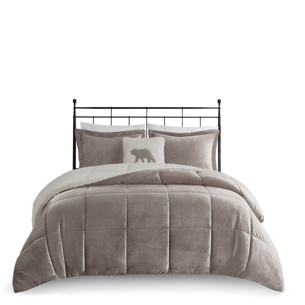 Plush To Sherpa Down Alternative Comforter Set King Grey Ivory Polyester