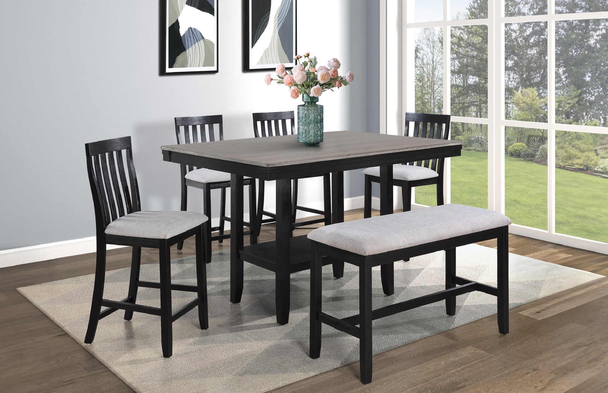 2Pc Black Light Gray Counter Height Chair Slat Back Wooden Dining Room Furniture Gray Dining Room Contemporary,Modern Bar Stools Slat Back Set Of 2 Wood
