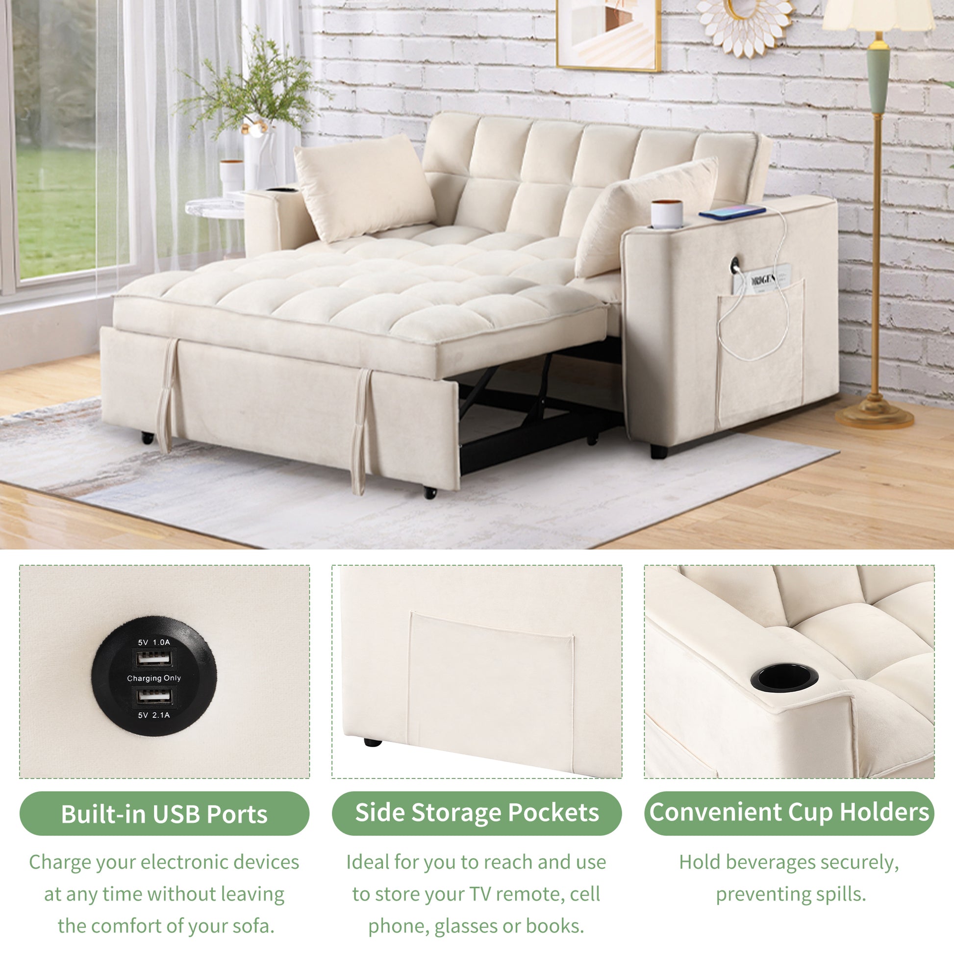 58" 4 1 Multi Functional Sofa Bed With Cup Holder And Usb Port For Living Room Or Apartments Milky White Milk White Foam 2 Seat