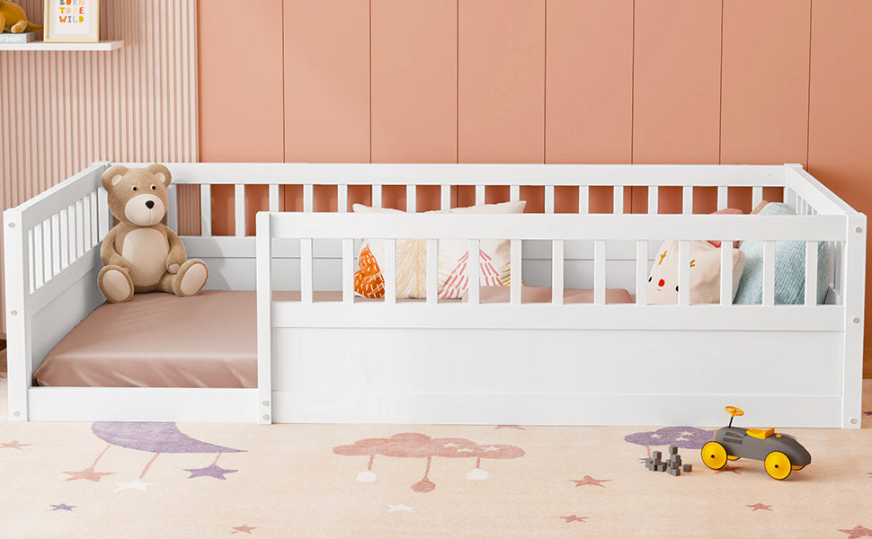 Twin Floor Bed Frame With Fence, Wood Kids Floor Beds Frame For Bedroom Playroom,White Twin White Pine