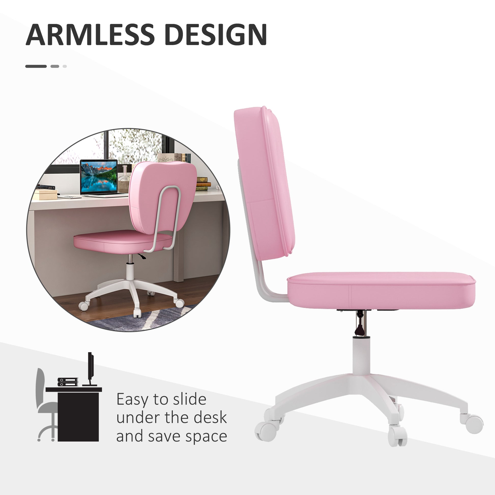 Vinsetto Cute Armless Office Chair, Small Pu Leather Computer Desk Chair, Vanity Task Chair With Adjustable Height, Swivel Wheels, Mid Back, Pink Pink Faux Leather