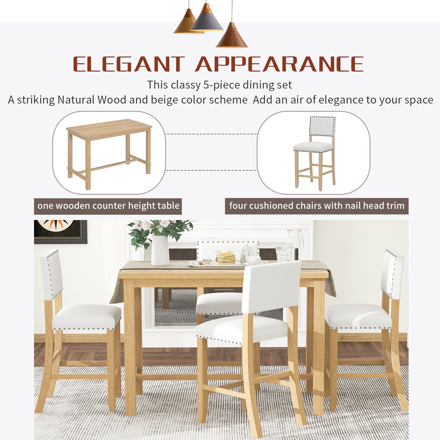 5 Piece Counter Height Dining Set, Classic Elegant Table And 4 Chairs In Natural Wood Wash Natural Wood Wash Solid Wood