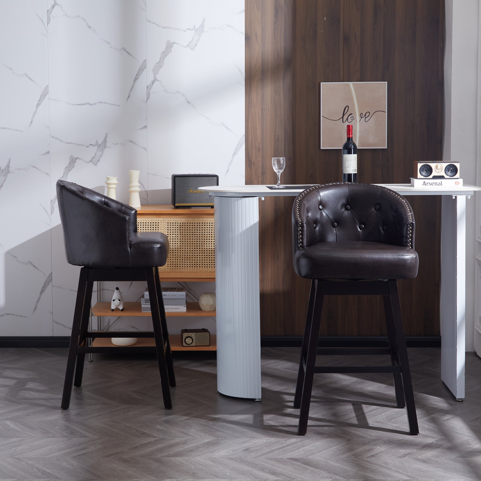 33.25" Swivel Counter Stools Set Of 2, Upholstered Counter Height Bar Stools With Solid Rubber Wood Frame, Backrest, Footrest, Armless Barstools For Home Bar, Kitchen Counter, Dark Brown Rubberwood