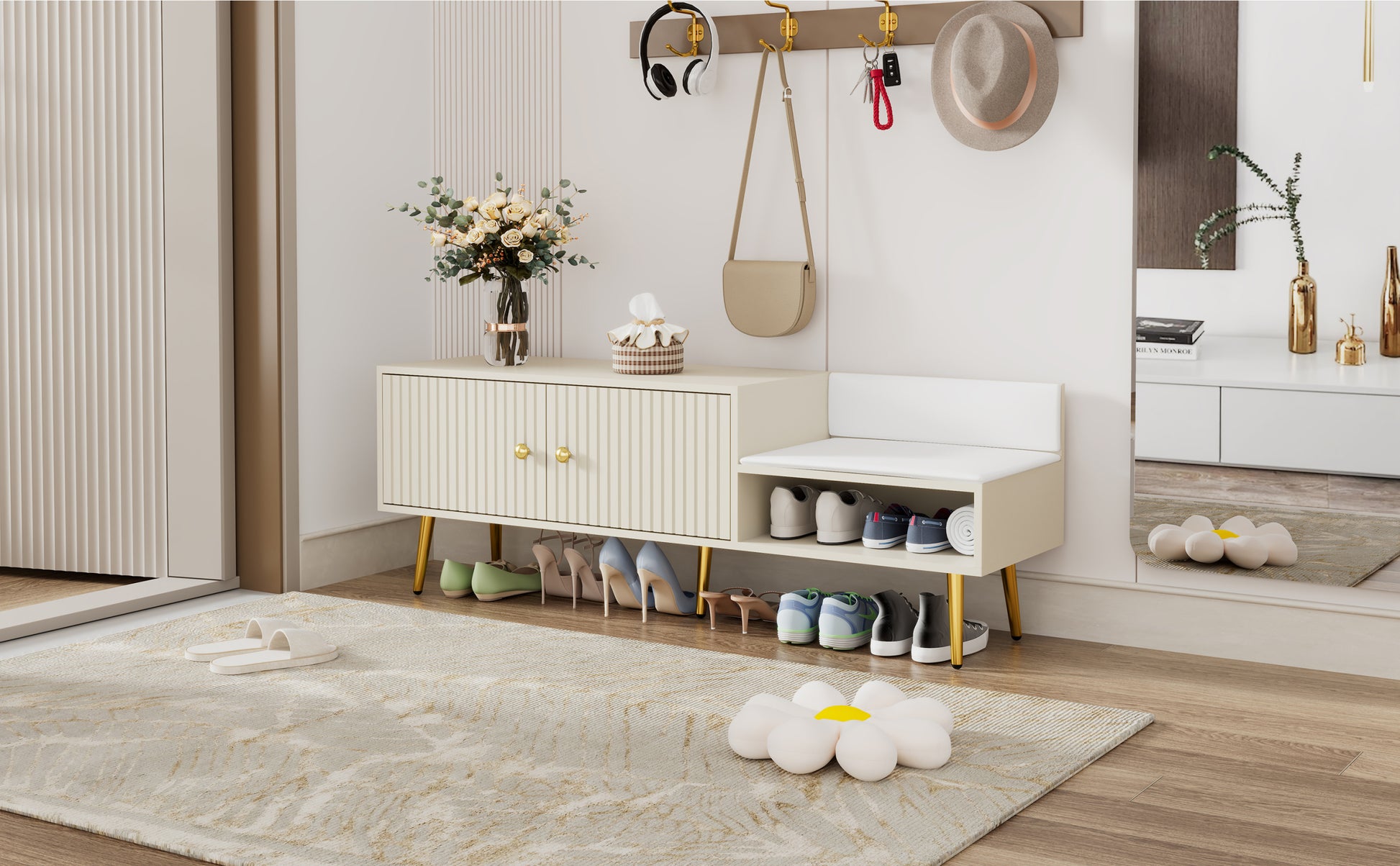 Modern Shoe Storage Bench With Hidden Storage And Upholstered Cushions For Bedside, Living Room And Entryway Antique White Antique White Mdf Metal