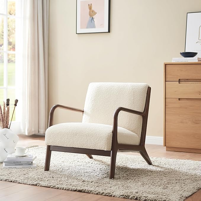 Accent Chair Living Room Chair Lambswool Accent Chair With Arms Chairs For Bedroom,Office,Apartment,Chairs Reading White Wood