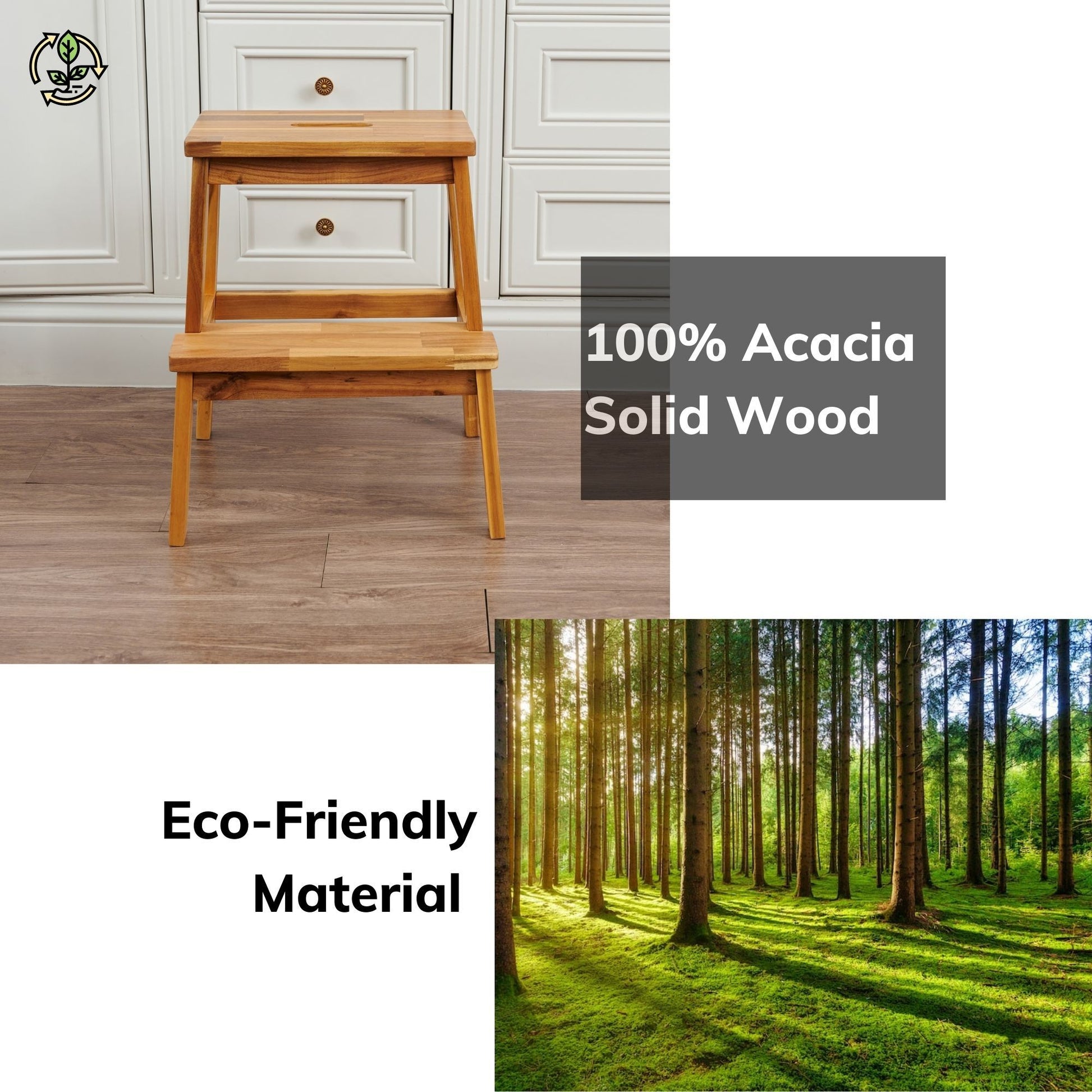 Acacia Wood Two Steps Stool Small Size Rectangle Acacia Wood Light Brown Primary Living Space American Design Acacia Wood
