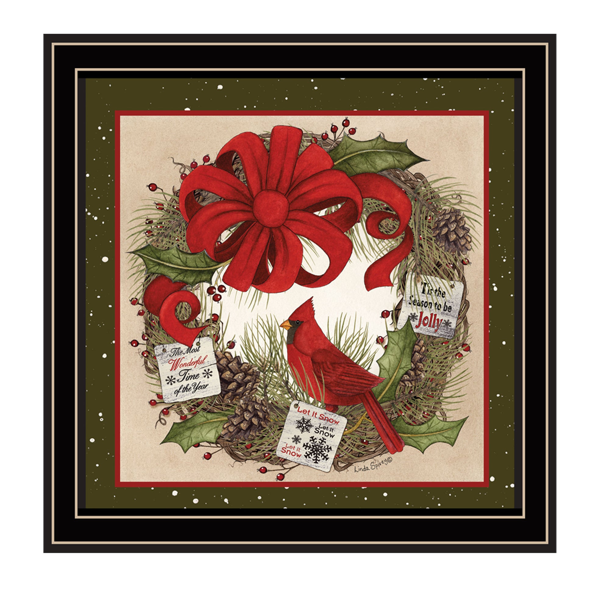 Cardinal Wreath Black Framed Wall Art For Living Room, Bedroom Wall Art Print For Home Decor By Linda Spivey Multicolor Wood Paper
