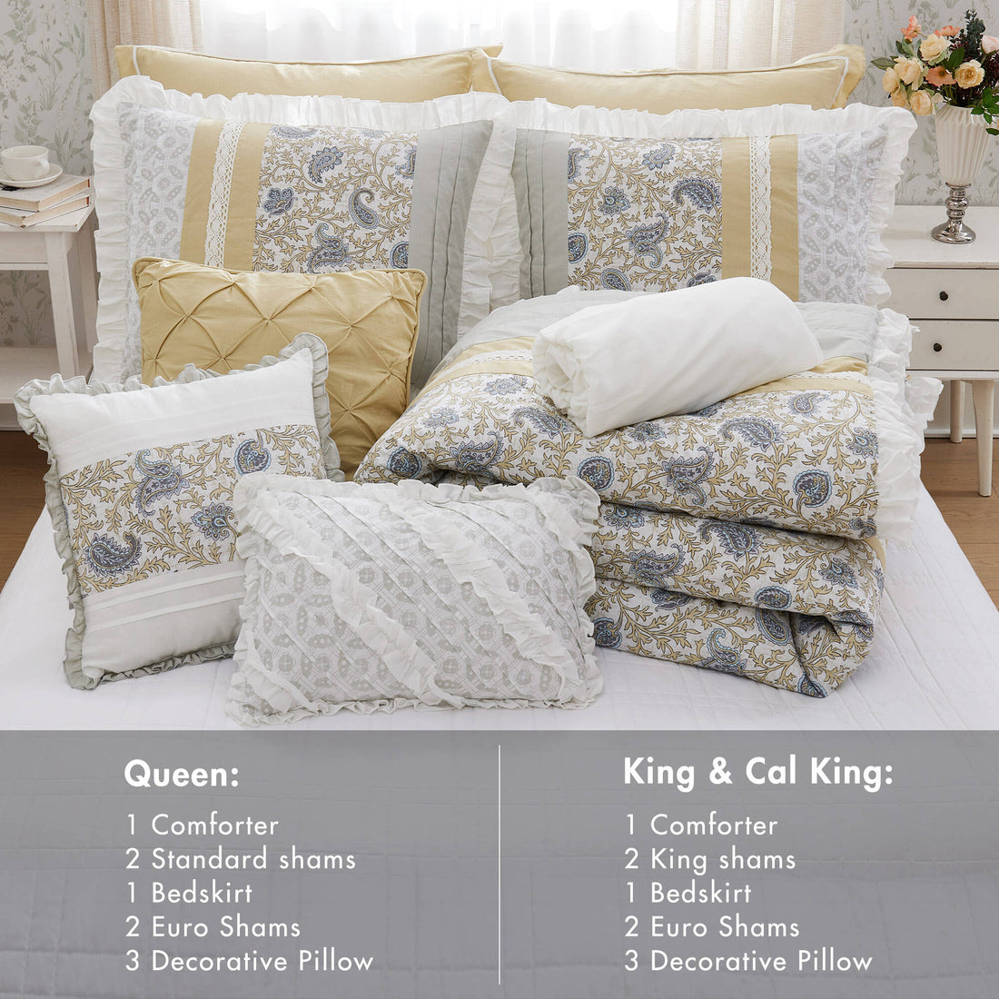 9 Piece Cotton Percale Comforter Set Yellow Cal King California King Yellow Polyester