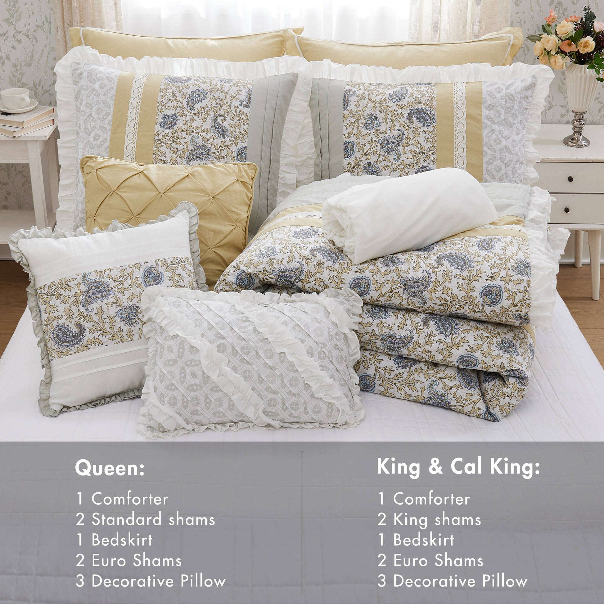 9 Piece Cotton Percale Comforter Set Yellow Cal King California King Yellow Polyester