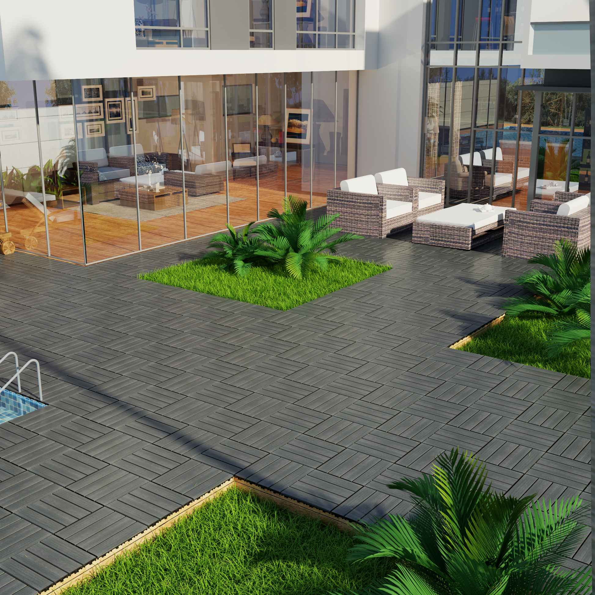 Patio Floor Tiles Pack Of 11 Wpc Wood Plastic Composite Patio Deck Tiles Diy Interlocking Decking Tiles, Quick Deck Floor Tile, Court Tile, Water Resistant Indoor Outdoor 11.8" Ash Dark Gray Plastic