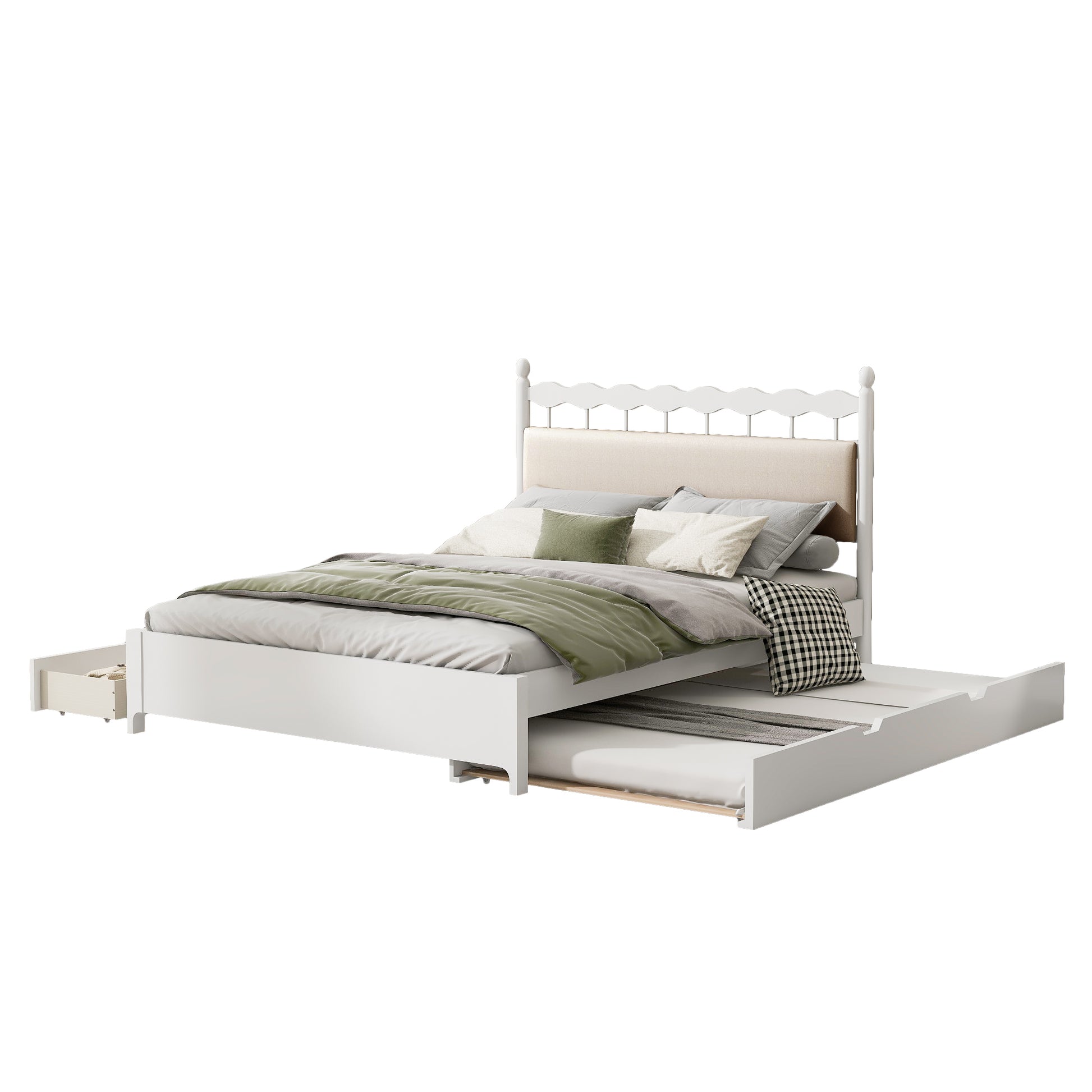 Queen Size Wooden Storage Platform Bed, With 2 Big Drawers, T Size Trundle, White Queen White Plywood