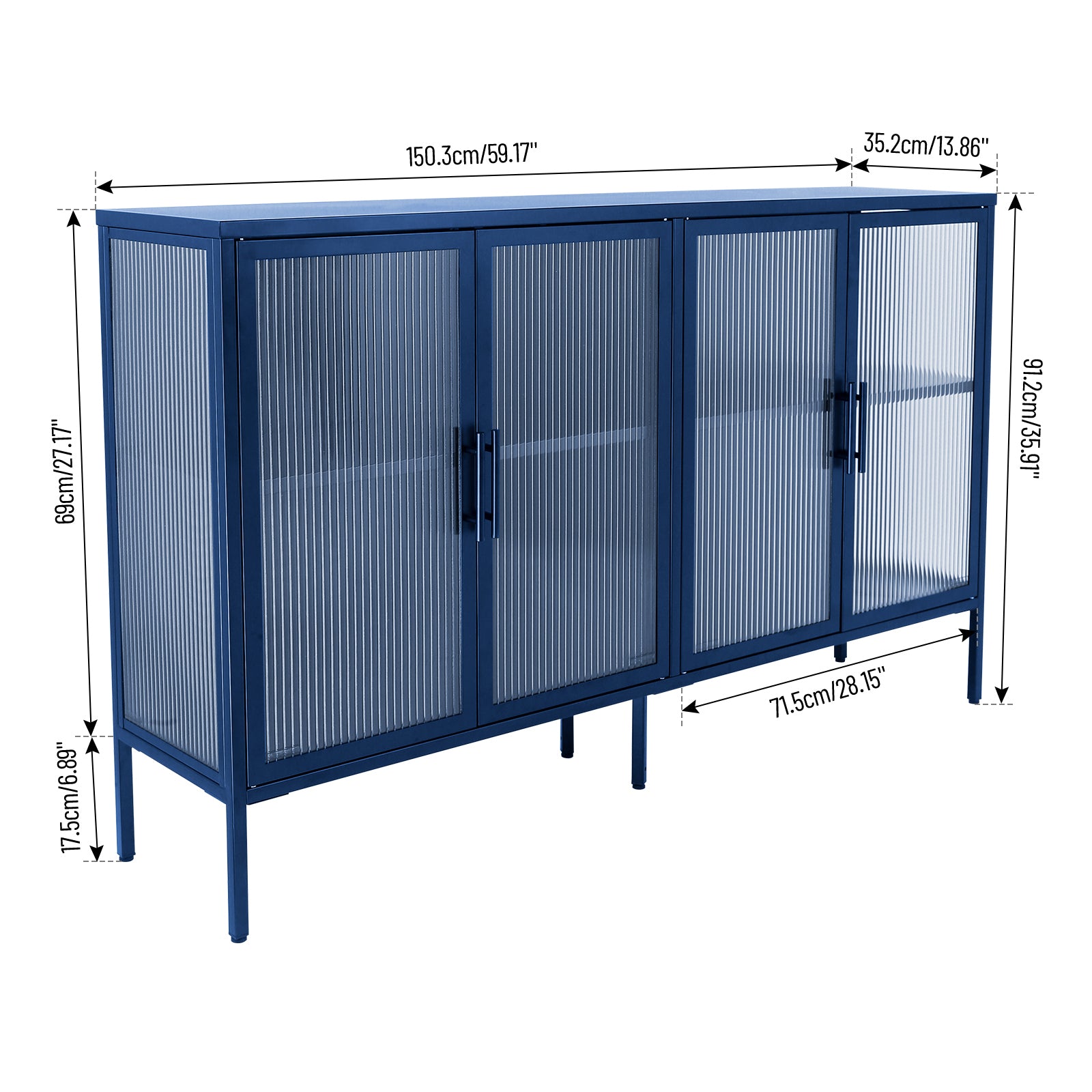 Stylish 4 Door Tempered Glass Cabinet With 4 Glass Doors Adjustable Shelf And Feet Anti Tip Dust Free Fluted Glass Kitchen Credenza Blue Blue Tempered Glass Sheet Metal Plastic