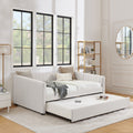Full Size Daybed With Trundle Upholstered Sofa Bed, With Vertical Stripes, Linen Fabric, Beige 82.5