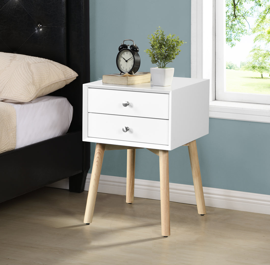 Side Table,Bedside Table With 2 Drawers And Rubber Wood Legs, Mid Century Modern Storage Cabinet For Bedroom Living Room, White White Mdf