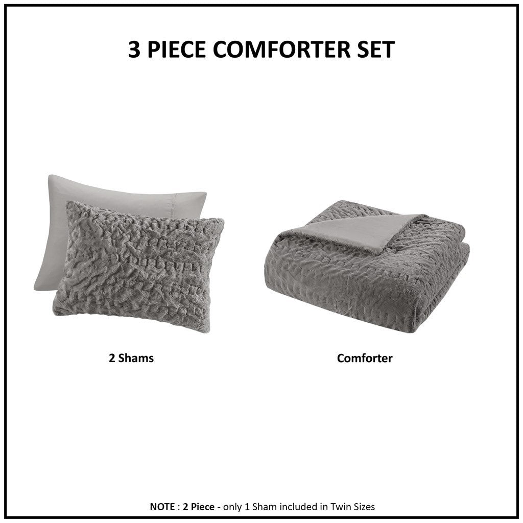 Ruched Fur Down Alternative Comforter Set King Grey Polyester