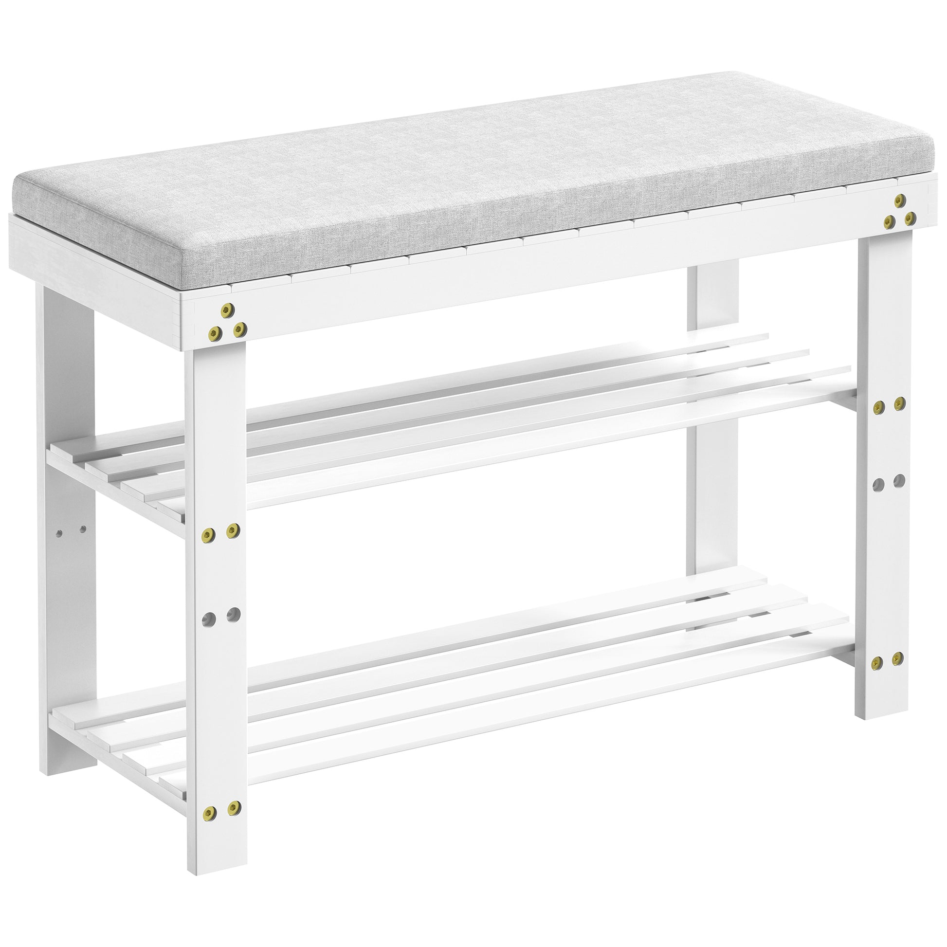 Bamboo Shoe Bench, 3 Tier Shoe Rack, Entryway Bench With Cushion And Adjustable Shelves, Shoe Rack For Entryway, Hallway, Mudroom And Living Room, White White Bamboo