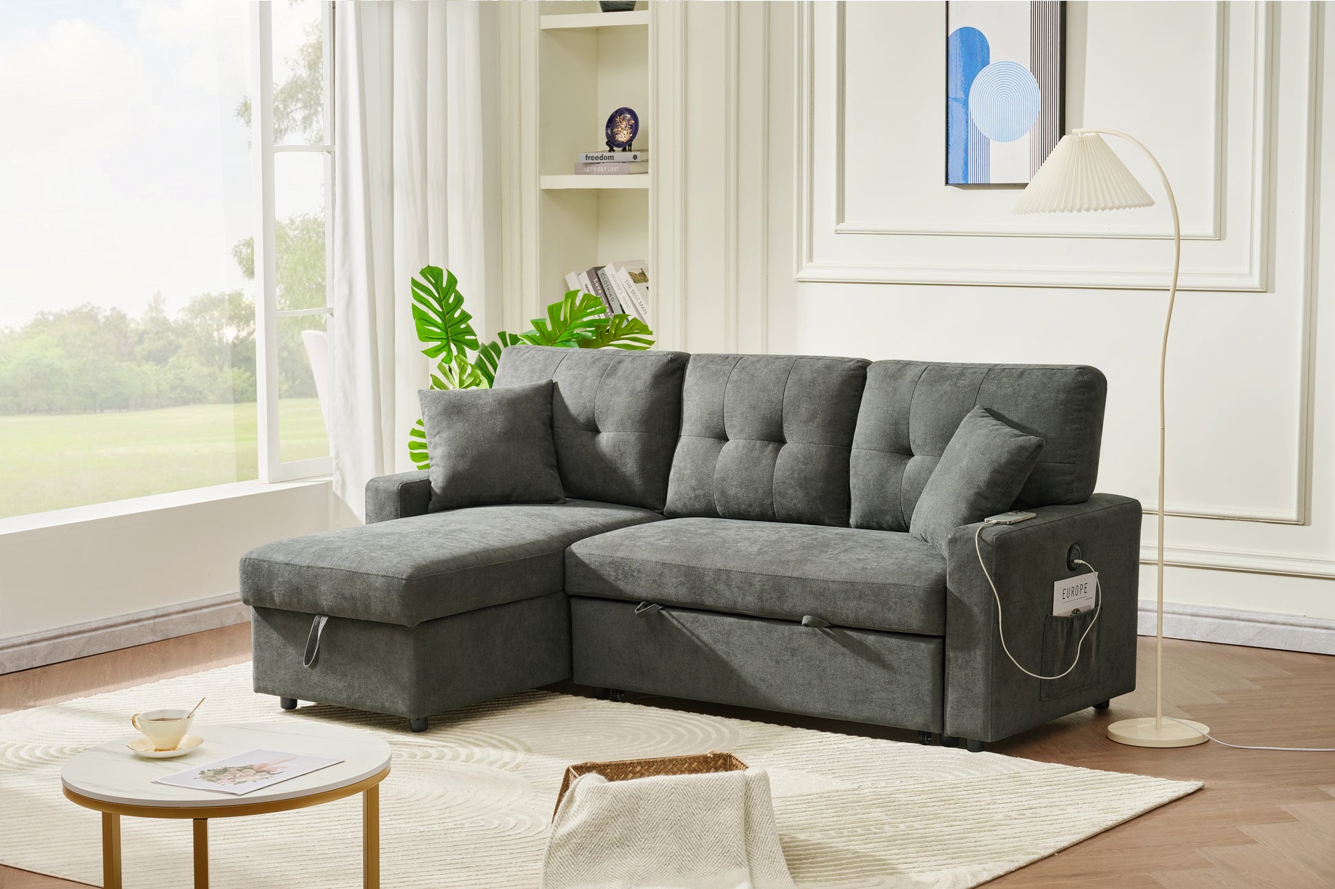 Sectional Sofa Bed L Shaped Sofa Couch Bed With Usb Port, Reversible Sofa Couch Sleeper With Pull Out Bed, Chaise With Storage, Pull Out Couch For Living Room Dark Gray Wood Fabric 3 Seat