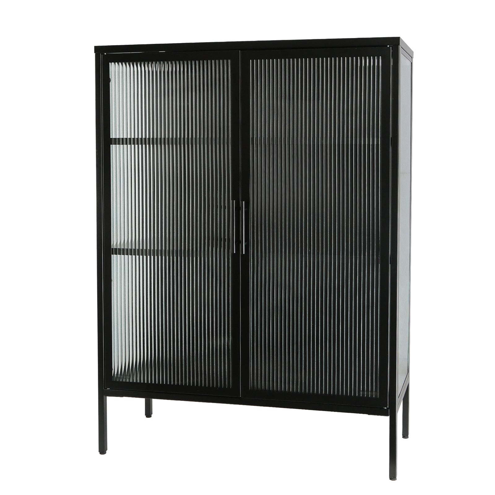 48 Inch Double Glass Door Storage Cabinet, Sideboard Cabinet With Adjustable Shelves And Feet Cold Rolled Steel Tempered Glass Sideboard Furniture For Living Room Kitchen Black Color Black Steel